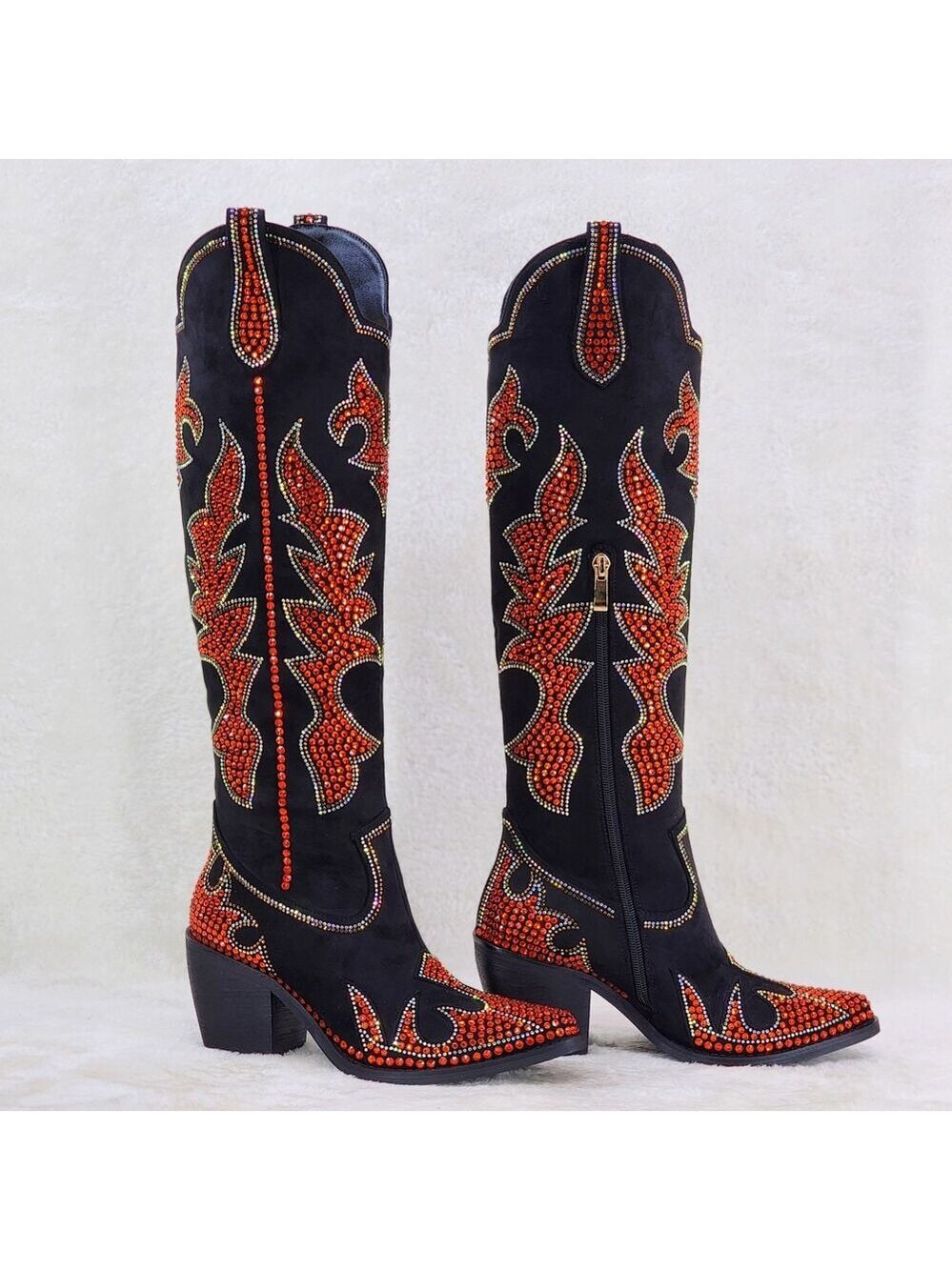 NIB Harley Girl Country Western Cowgirl Knee Boots Rhinestones Black Orange - Picture 4 of 16